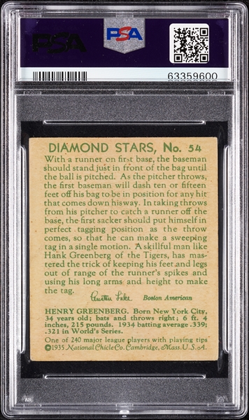 1935 Diamond Stars Hank Greenberg (Incorrect Spelling) No. 54 PSA 3