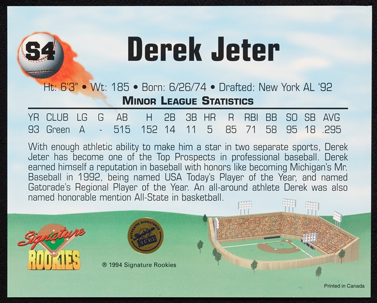Derek Jeter Signed 1994 Signature Rookies 8x10 (428/1000) (JSA)