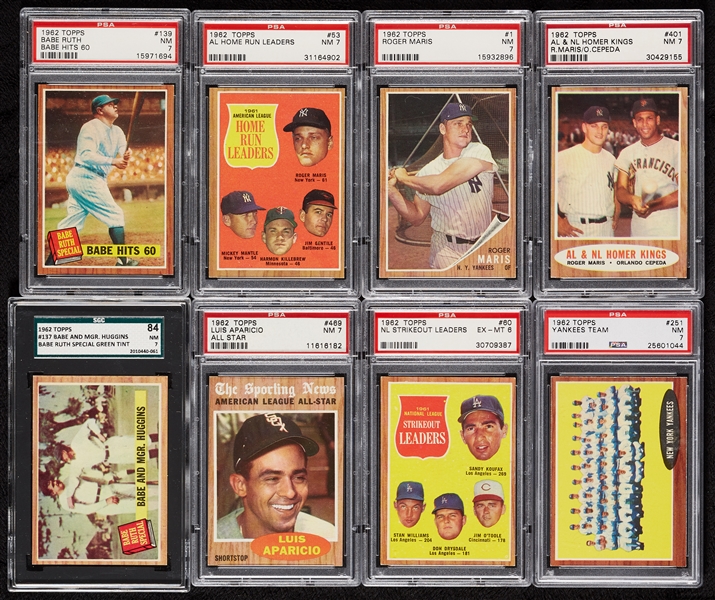 1962 Topps Baseball Partial Set, 14 Slabs, HOFers, Rookies and Specials, PSA 7 No. 1 Maris (256)