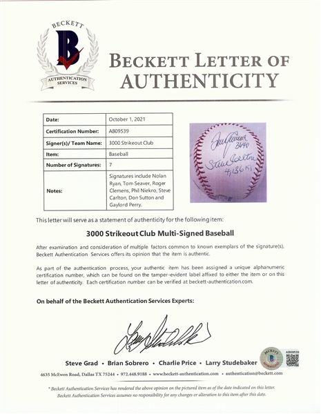 3000 Strikeout Club Multi-Signed OML Baseball (BAS)
