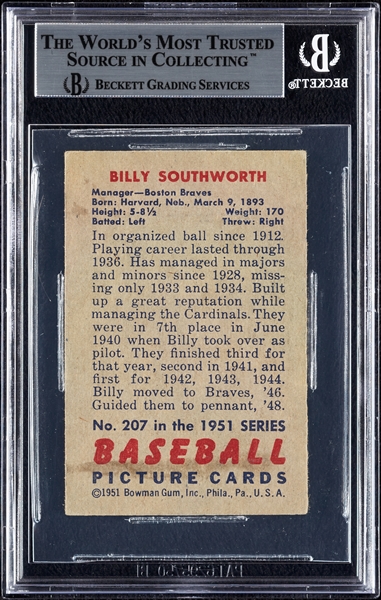 Billy Southworth Signed 1951 Bowman No. 207 (BAS)