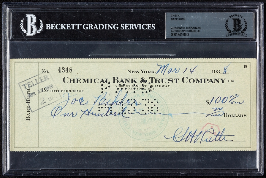Babe Ruth Signed Personal Check (1938) (Graded BAS 9)