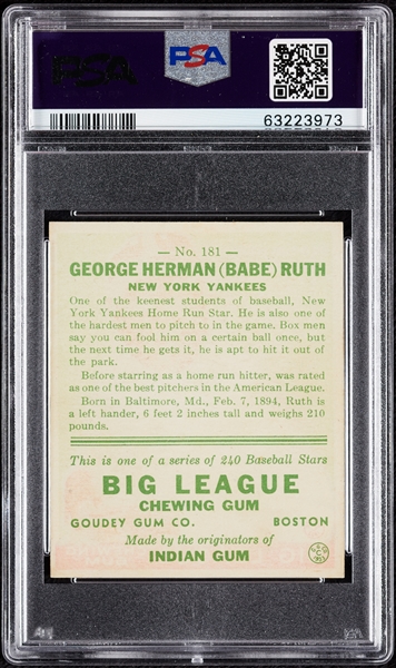 1933 Goudey Babe Ruth No. 181 PSA Authentic