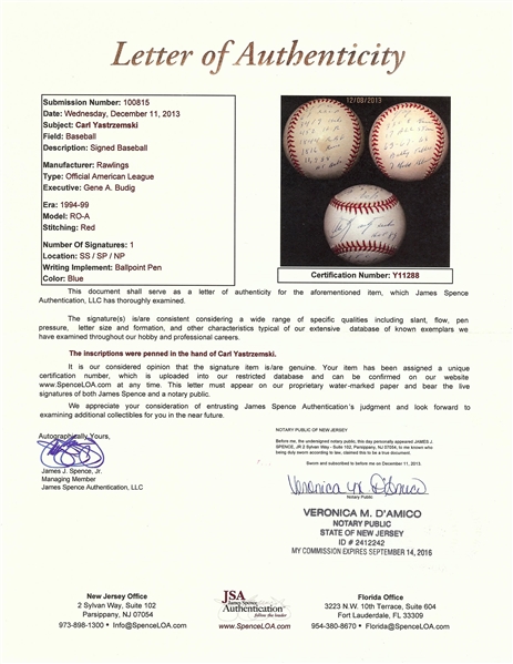 Carl Yastrzemski Single-Signed STAT OAL Baseball (JSA)