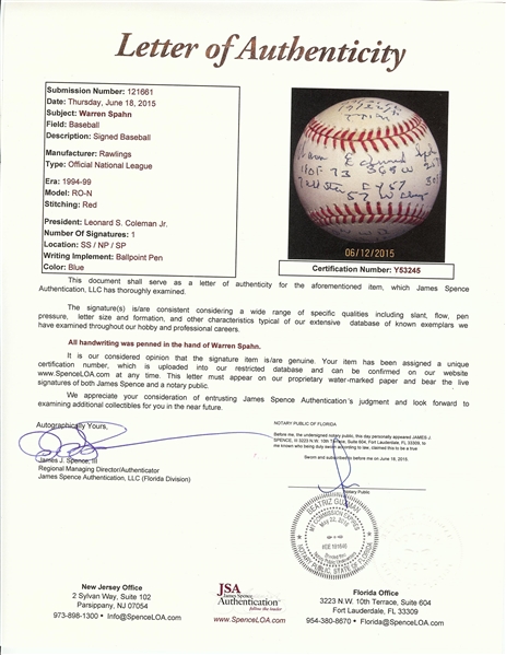 Warren Spahn Single-Signed STAT ONL Baseball (JSA)