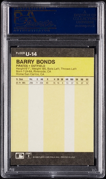 1986 Fleer Update Barry Bonds RC No. U14 PSA 10