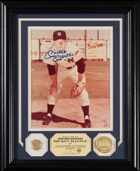 Mickey Mantle Signed Photo with Game-Used Bat Piece Highland Mint Display (1/7) (Graded BAS 10)
