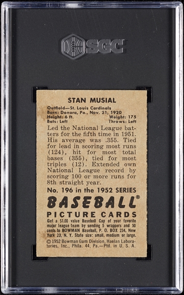 1952 Bowman Stan Musial No. 196 SGC 4.5