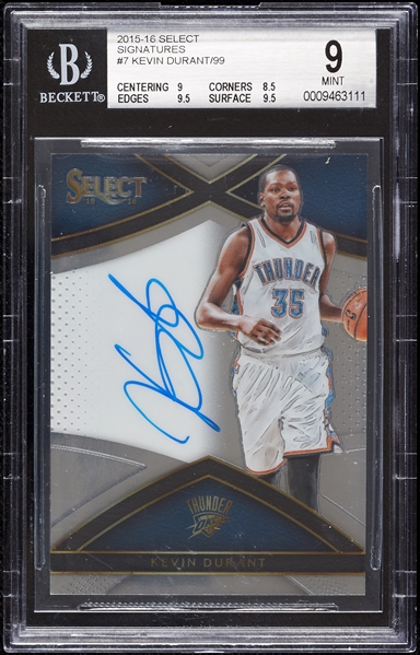 2015 Select Kevin Durant Signatures 98/99 BGS 9 (AUTO 10)