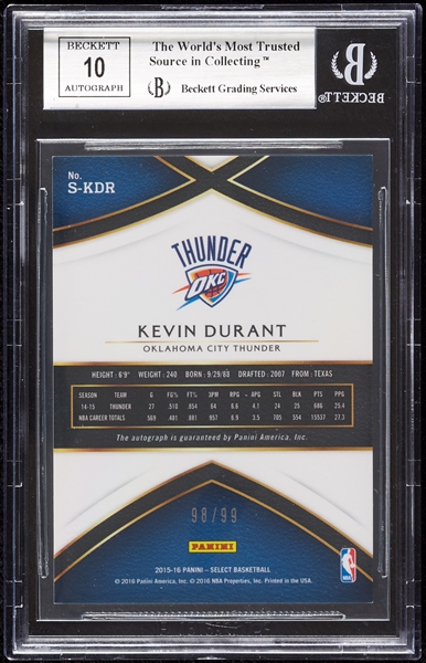 2015 Select Kevin Durant Signatures 98/99 BGS 9 (AUTO 10)