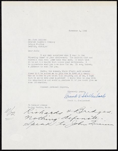 1945 Frank Shellenback Letter Seeking Job Reference (BAS)