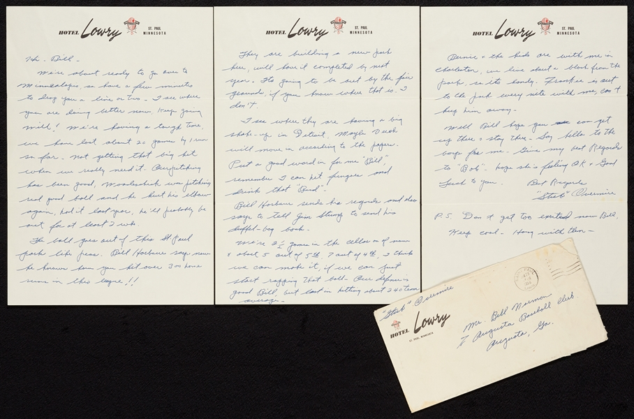 Stubby Overmire Dual-Signed 1956 Letter on Hotel Stationery (BAS)