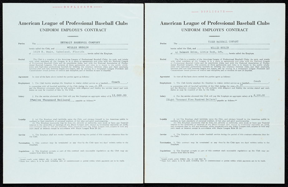Pair of Willis Hudlin Detroit Coaching Contracts (2)