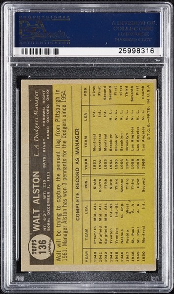 Walt Alston Signed 1961 Topps No. 136 (PSA/DNA)