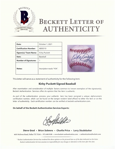 Kirby Puckett Single-Signed OAL Baseball (BAS)