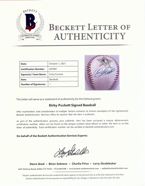 Kirby Puckett Single-Signed 1993 All-Star Game Baseball (BAS)