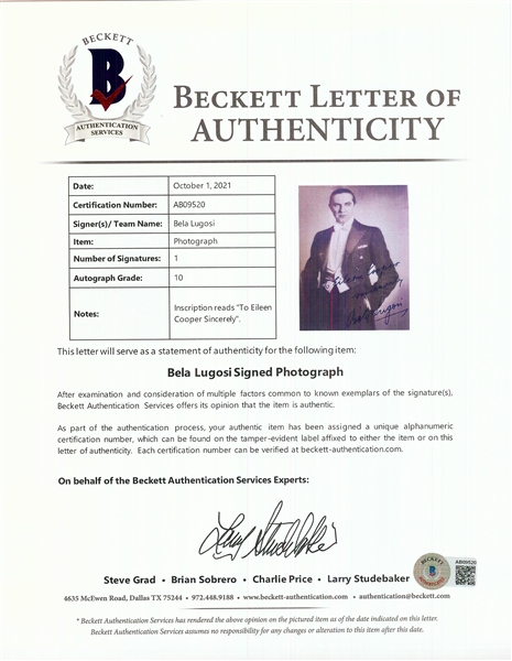 Bela Lugosi Signed 5x7 Photo (Graded BAS 10)