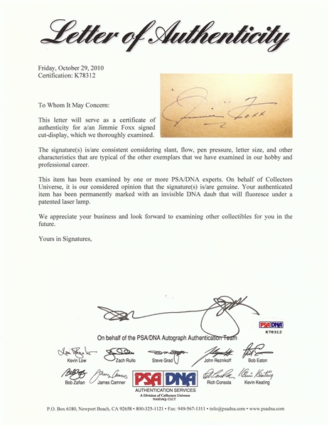 Jimmie Foxx Signed 3x5 Index Card (SGC) (PSA/DNA)