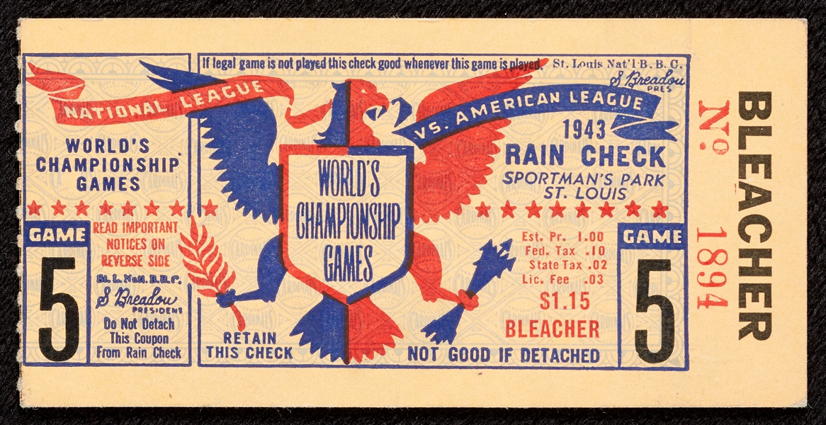 1943 World Series Game Five Ticket Stub