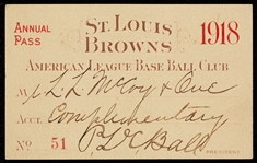 1918 St. Louis Browns Annual Pass Signed by Owner Philip Ball (JSA)