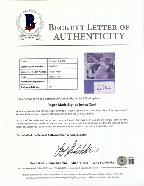 Roger Maris Cut Signature Photo Display (Graded BAS 10)