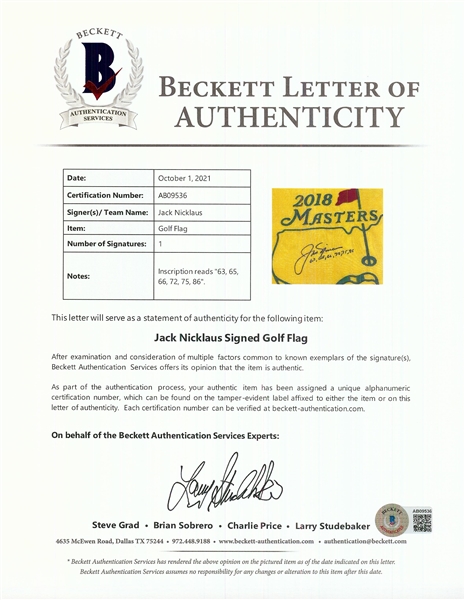Jack Nicklaus Signed Masters Flag Inscribed 63, 65, 66, 72, 75, 86 (BAS)