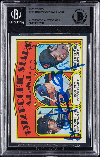 Signed 1972 Topps Rookie Stars No. 761 with Oglivie/Cey/Williams (BAS)