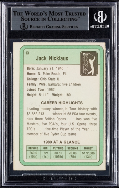 Jack Nicklaus Signed 1981 Donruss RC No. 13 (BAS)