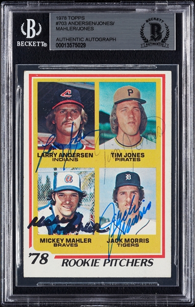 Signed 1978 Topps Rookie Pitchers No. 703 with Morris/Andersen/Jones/Mahler (BAS)