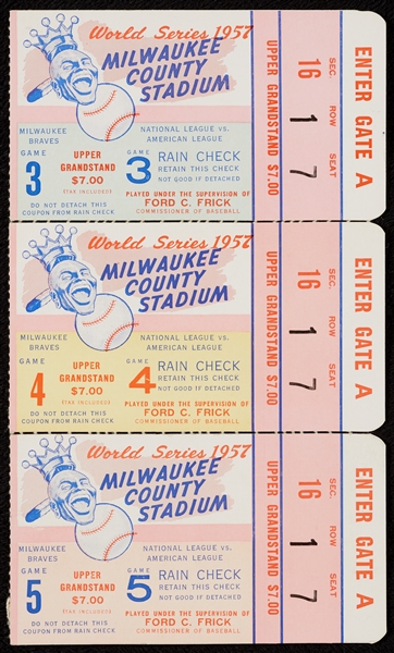 1957 Milwaukee Braves World Series Ticket Stubs (3)