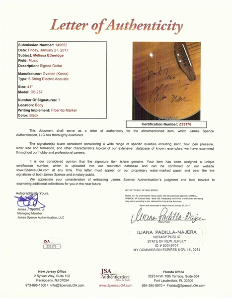Melissa Etheridge Signed Acoustic Guitar (JSA)