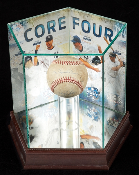 New York Yankees Core Four Multi-Signed Game-Used Baseball in Display (2/12) (Steiner)