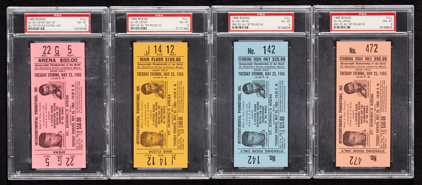 Muhammad Ali vs. Sonny Liston 1965 Full Ticket Color Variations PSA 8 Group (4)