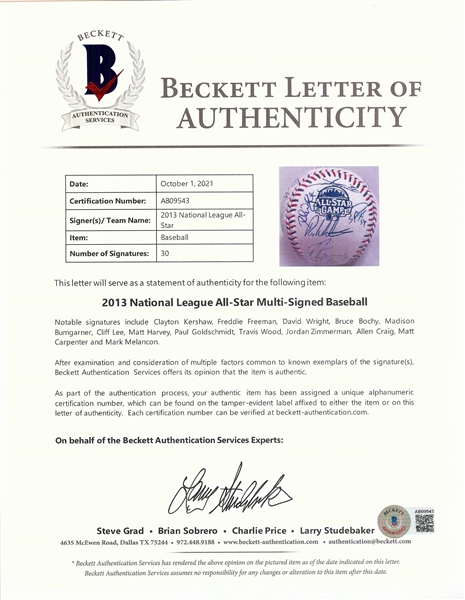 2013 National League All-Star Team Multi-Signed ASG Baseball (BAS)