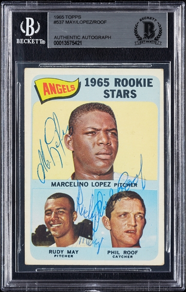 Complete Signed 1965 Topps Angels Rookie Stars No. 537 with Marcelino Lopez, May & Roof (BAS)