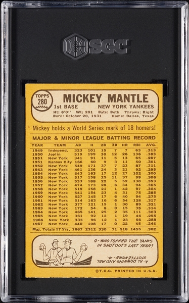 1968 Topps Mickey Mantle No. 280 SGC 6.5