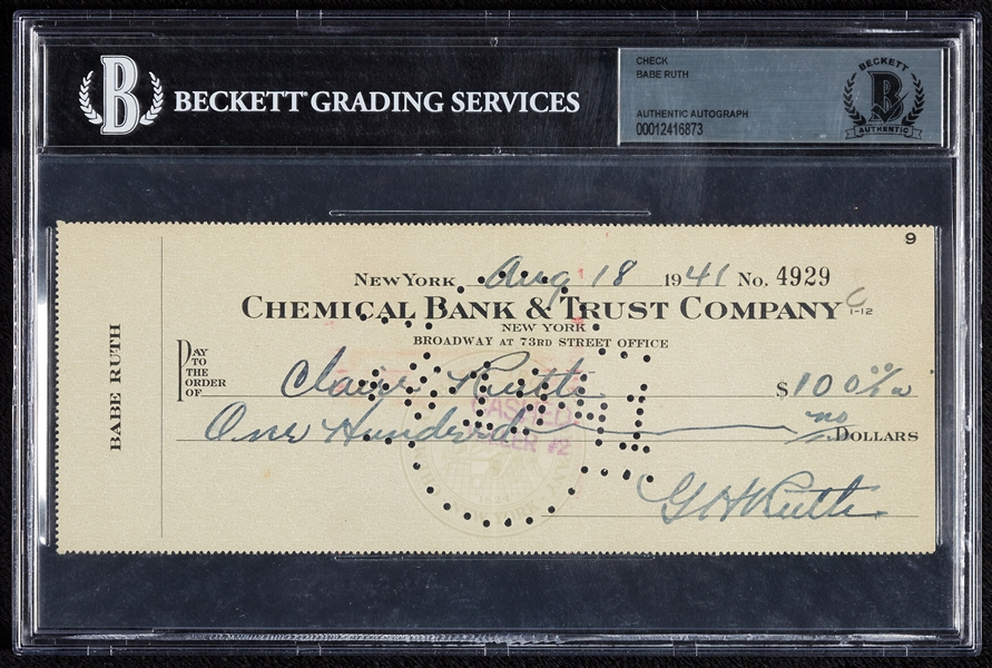 Babe Ruth Signed Personal Check Written to His Wife Claire (1941) (BAS)