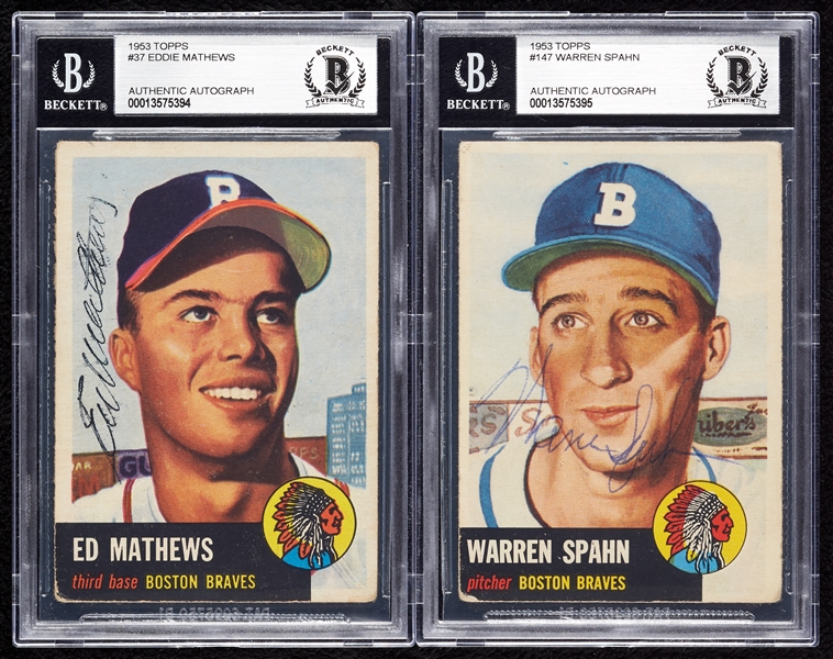 Signed 1953 Topps Eddie Mathews & Warren Spahn Cards (2) (BAS)