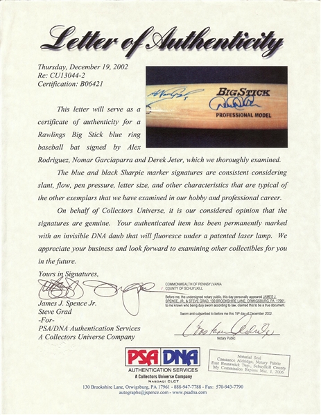 Derek Jeter, Alex Rodriguez & Nomar Garciaparra Signed Rawlings Bat (PSA/DNA)