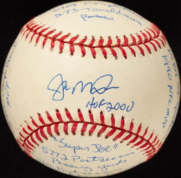 Joe Montana Single-Signed STAT ONL Baseball (Reggie Jackson COA) (BAS)