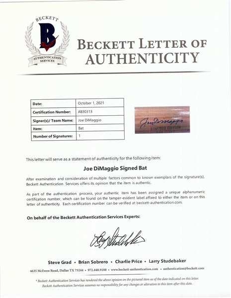 Joe DiMaggio Signed H&B Bat (449/1941) (BAS)