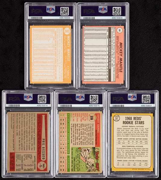 1950s/1960s PSA-Graded Group with Mantle, Bench RC, Banks (5)