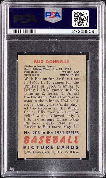 Blix Donnelly Signed 1951 Bowman No. 208 PSA 4 (Graded PSA/DNA 10)
