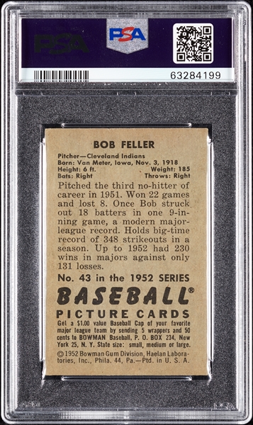 1952 Bowman Bob Feller No. 43 PSA 6