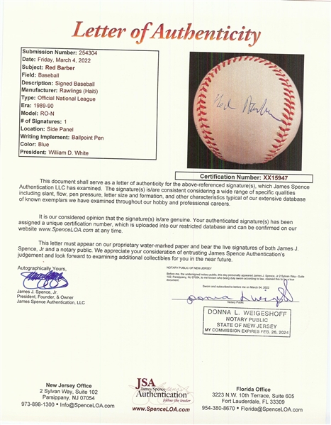 Red Barber Single-Signed ONL Baseball (JSA)