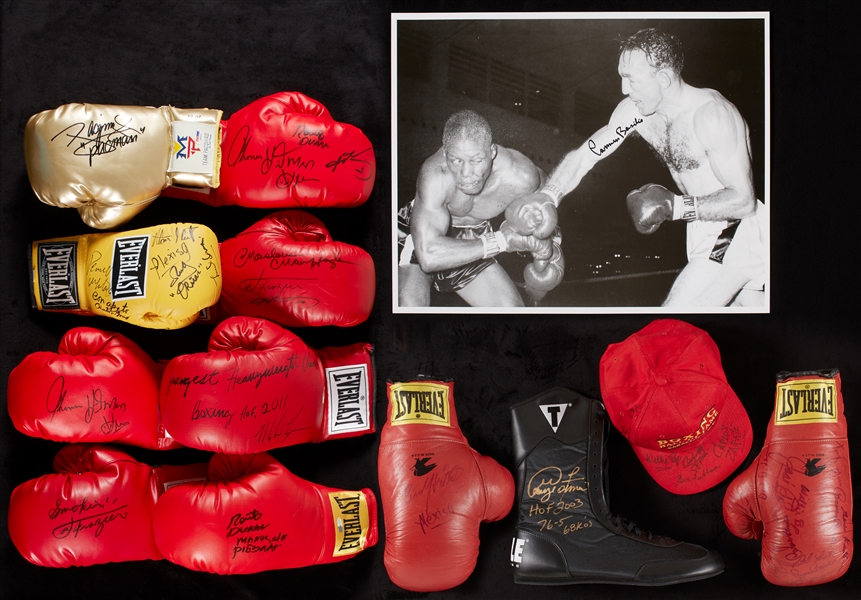 Signed Boxing Glove & Equipment Collection with Hagler, Duran, Pacquiao, Frazier (12)
