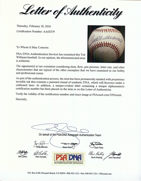 Ted Williams Single-Signed OAL Baseball (PSA/DNA)