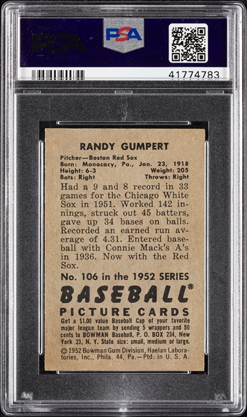 1952 Bowman Randy Gumpert No. 106 PSA 9 (Highest Graded)