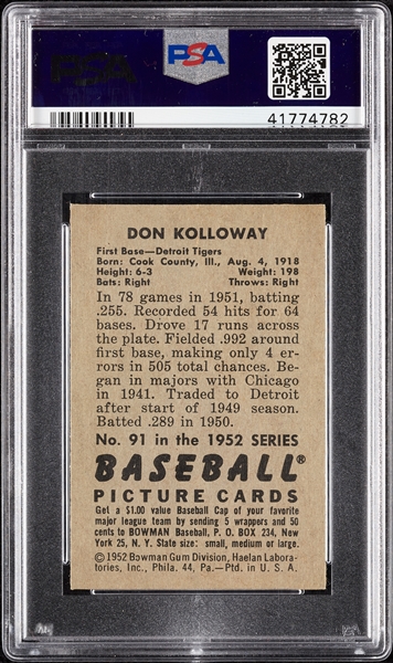 1952 Bowman Don Kolloway No. 92 PSA 9 (Highest Graded)