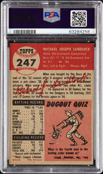 1953 Topps Mike Sandlock No. 247 PSA 8